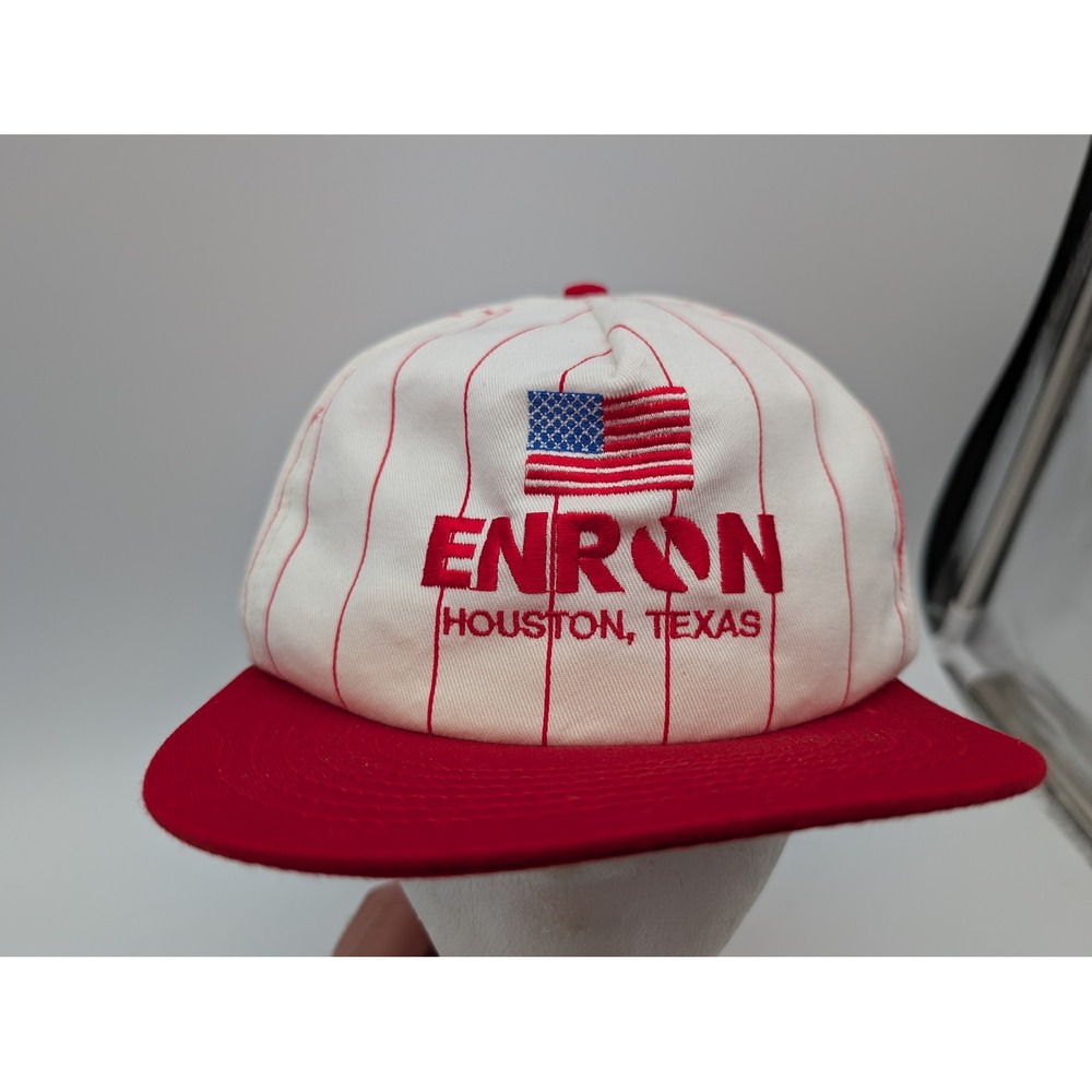 Vintage Enron Houston Texas Pinstripe Snapback Hat Made in USA Red White